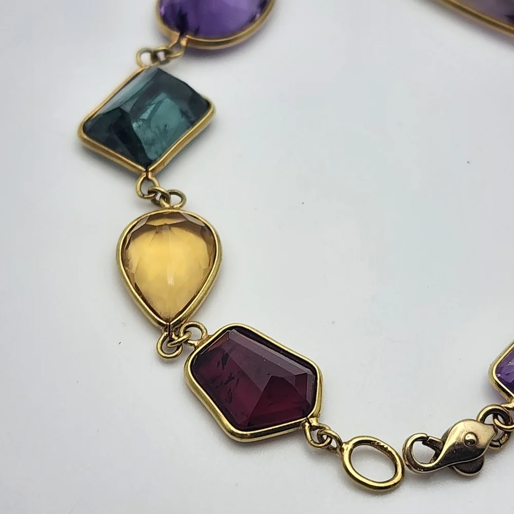 Vintage 18 Karat Gold Gemstone (Aqua, Sapphire, Topaz, & More) Bracelet (7") - Picture 3 of 10